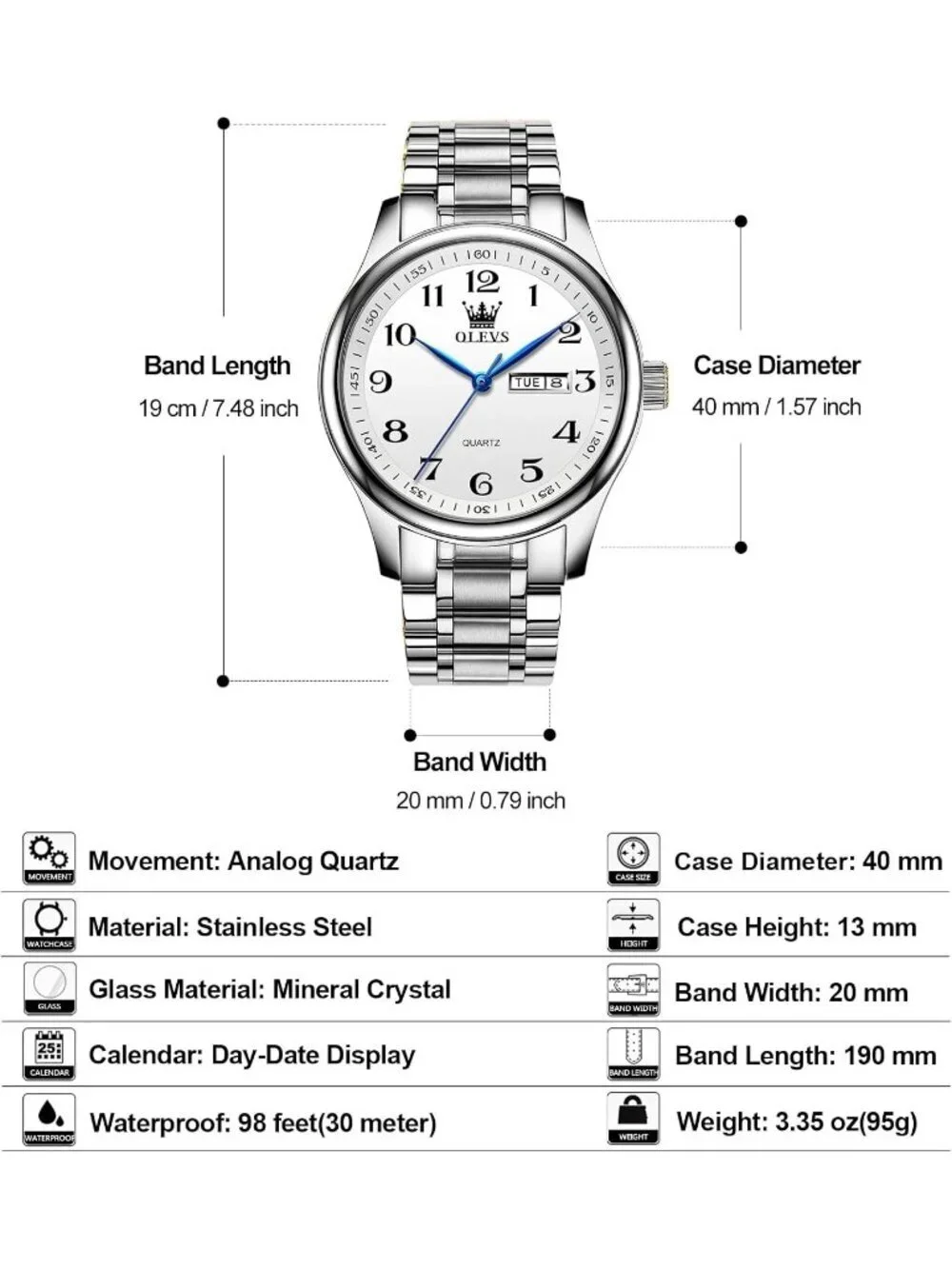Olevs Mens Silver Luxury Stainless Steel White Face Analog Quartz Luminous Watch